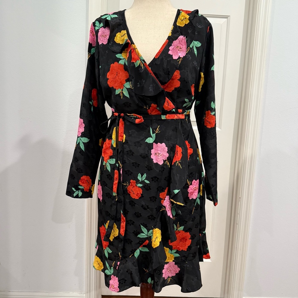 🛍️ ASOS Floral Wrap Dress - Black with Red, Pink, Yellow Flowers